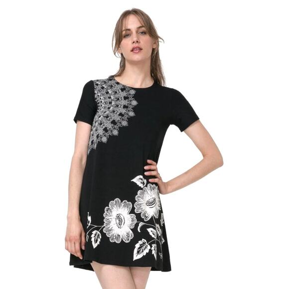 Desigual Short Sleeve Floral Printed Dress Black White Small - Picture 1 of 7